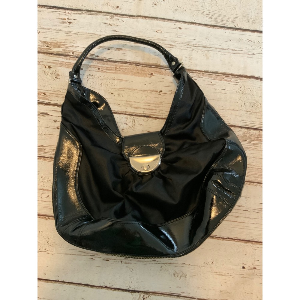 Botkier Black Nylon and Patent Leather Hobo Shoulder Bag Turn Lock Closure